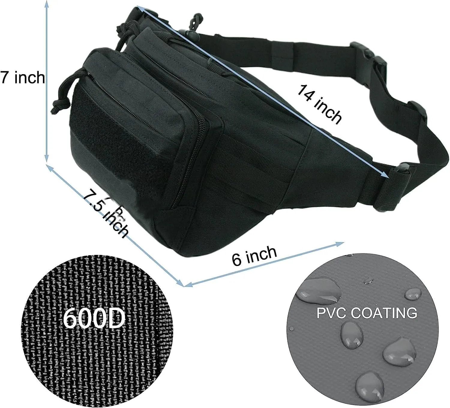 Tactical Fanny Pack Military Black Waist Bag Pack Hip Bum EDC Bag with Adjustable Strap for Camping Hiking Hunting (Black J6504 Techtical)