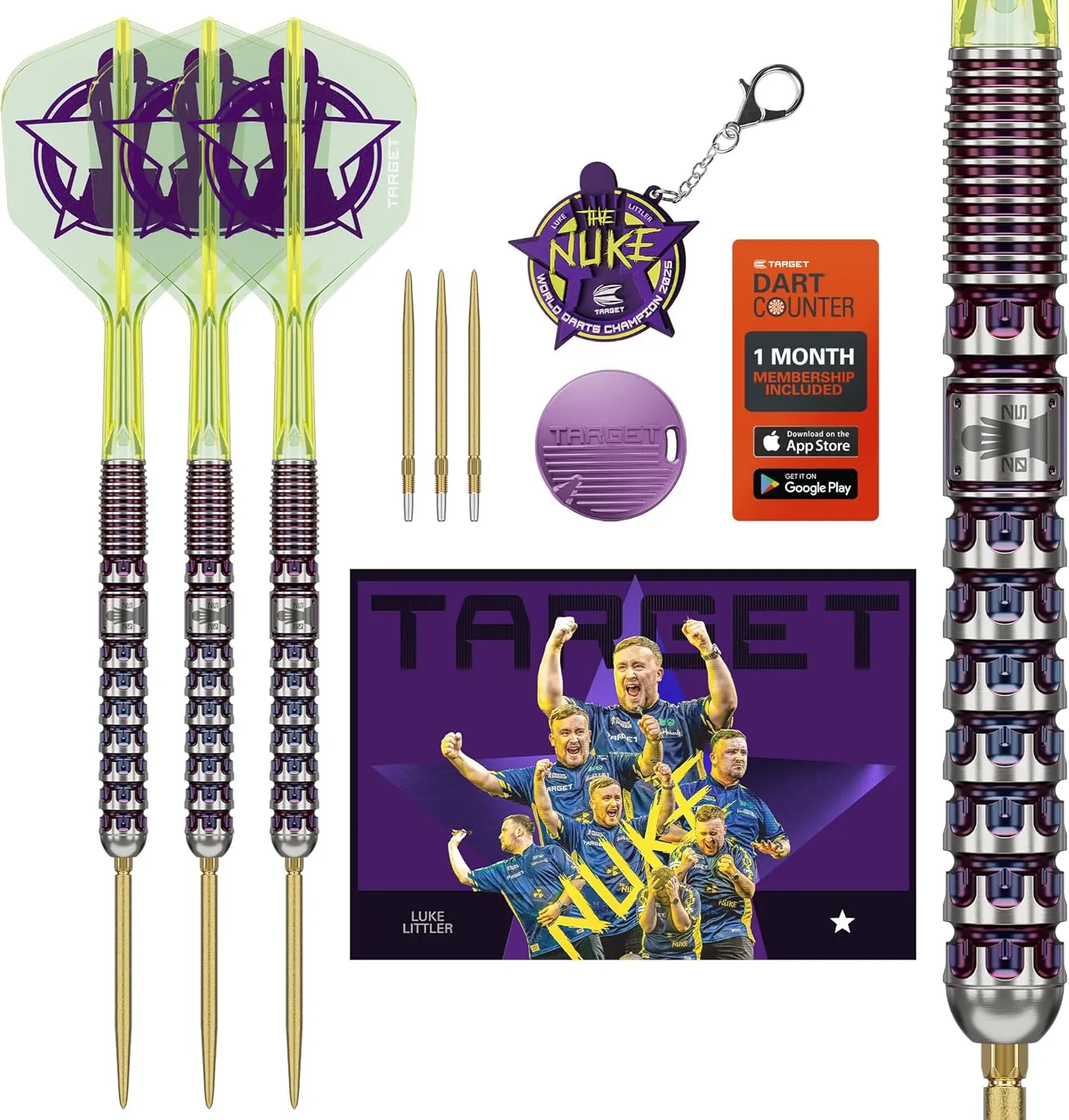 TARGET Luke Littler World Champion Steel Tip Swiss Point Darts, 90% Tungsten Darts Set, 23G | The Nuke 2025 Special Edition K-Flex, Key Ring, Spare SLK Swiss Points and Premium Tool Included