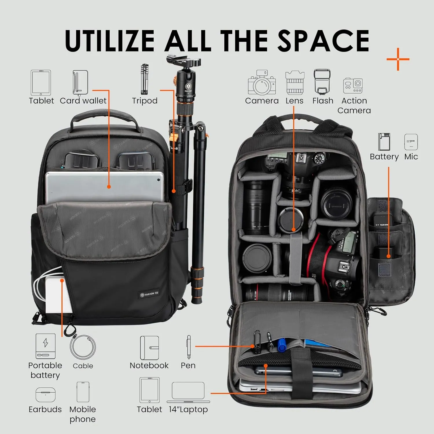 TARION Small Camera Backpack Bag Waterproof - Photography Backpack Slim Camera Bag with Laptop Compartment Raincover Large Capacity for Photographer DSLR SLR Mirrorless Camera Lens Tripod Black TR-L