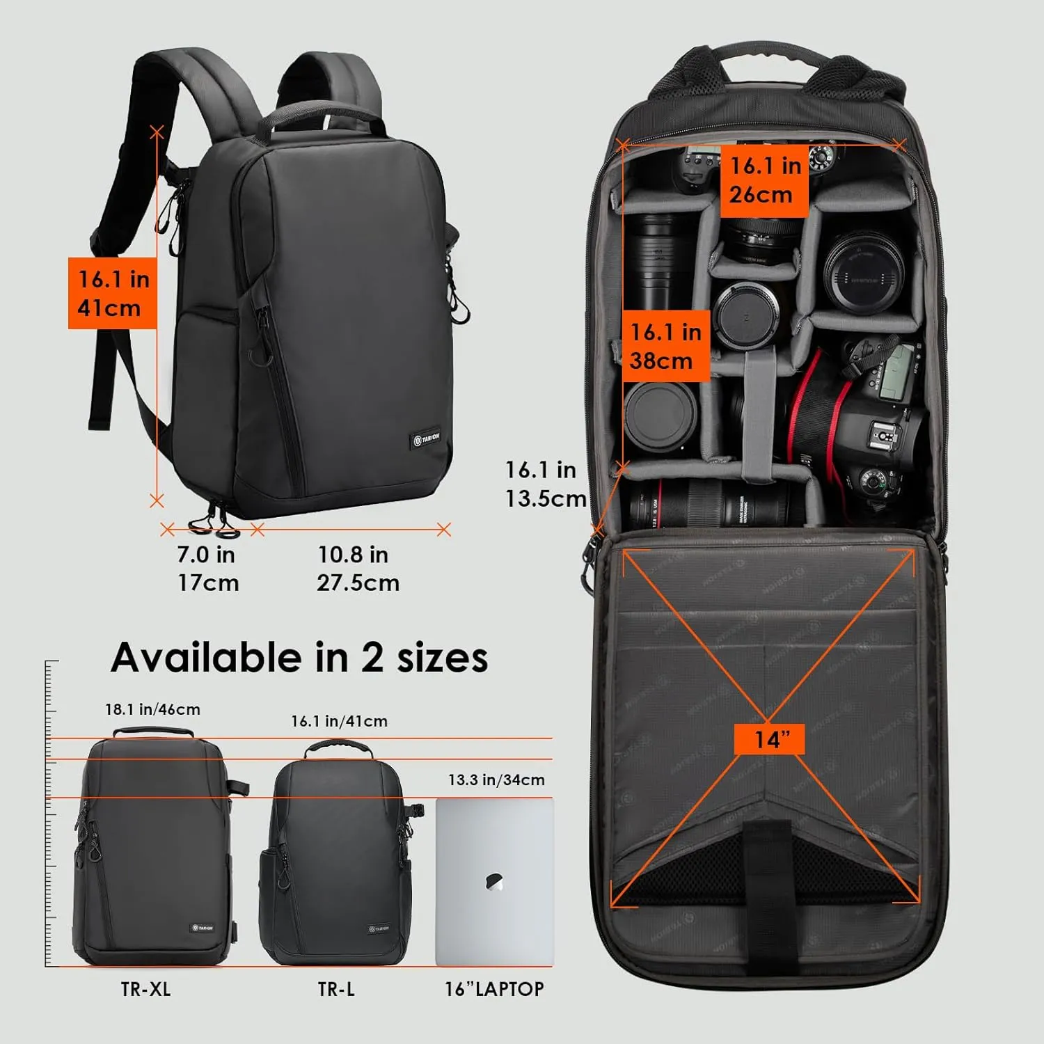 TARION Small Camera Backpack Bag Waterproof - Photography Backpack Slim Camera Bag with Laptop Compartment Raincover Large Capacity for Photographer DSLR SLR Mirrorless Camera Lens Tripod Black TR-L