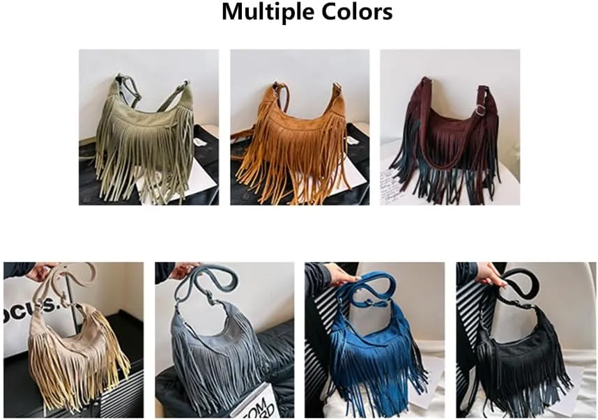 Tassel Crossbody Bags for Women Buckskin Velvet Wallet Purses Large Shoulder Handbags with Adjustable Strap Sling Bag Black