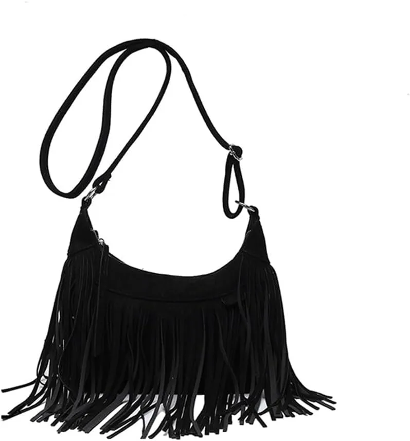 Tassel Crossbody Bags for Women Buckskin Velvet Wallet Purses Large Shoulder Handbags with Adjustable Strap Sling Bag Black