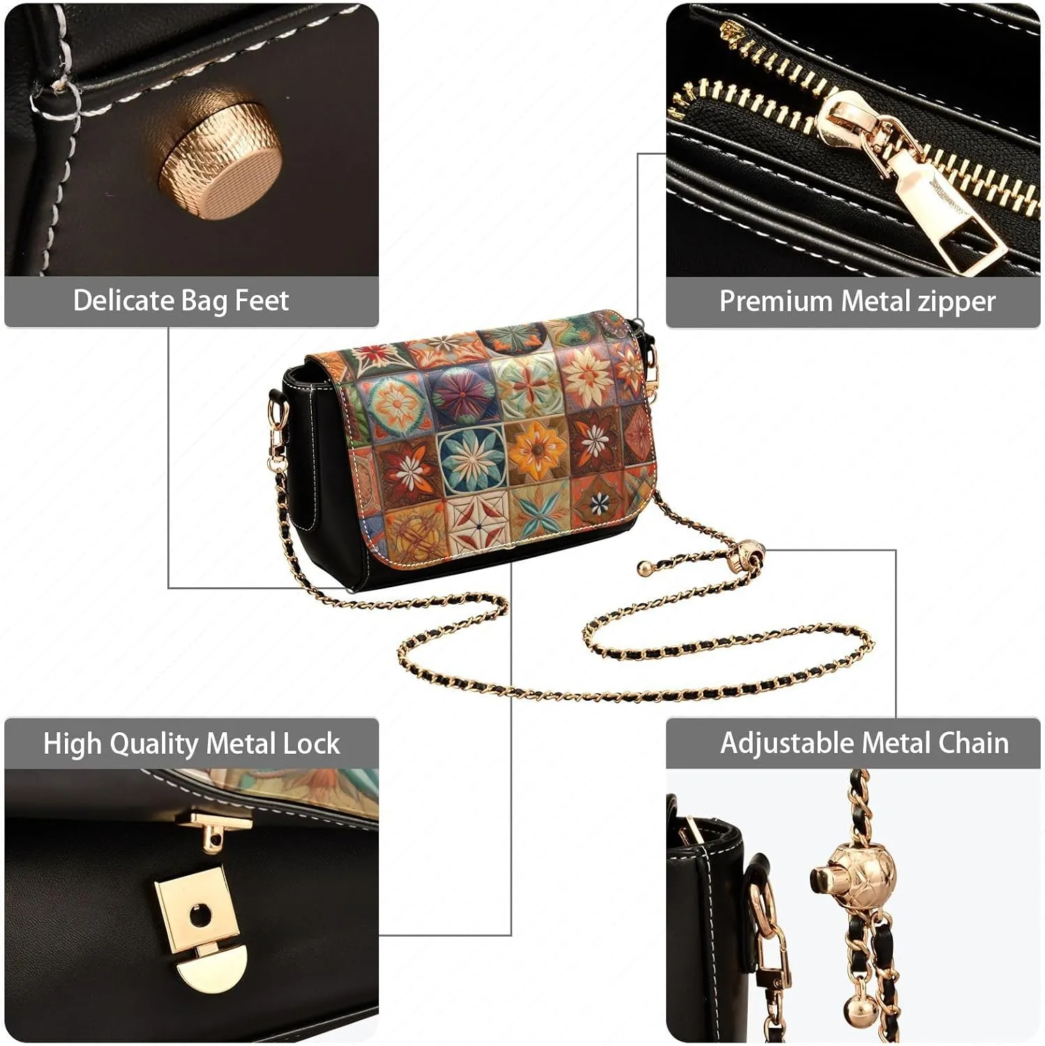 Tea and Lemons on Black Shoulder Bag with Pockets, Women's Crossbody Bags, Leather Bag for Women Crossbody