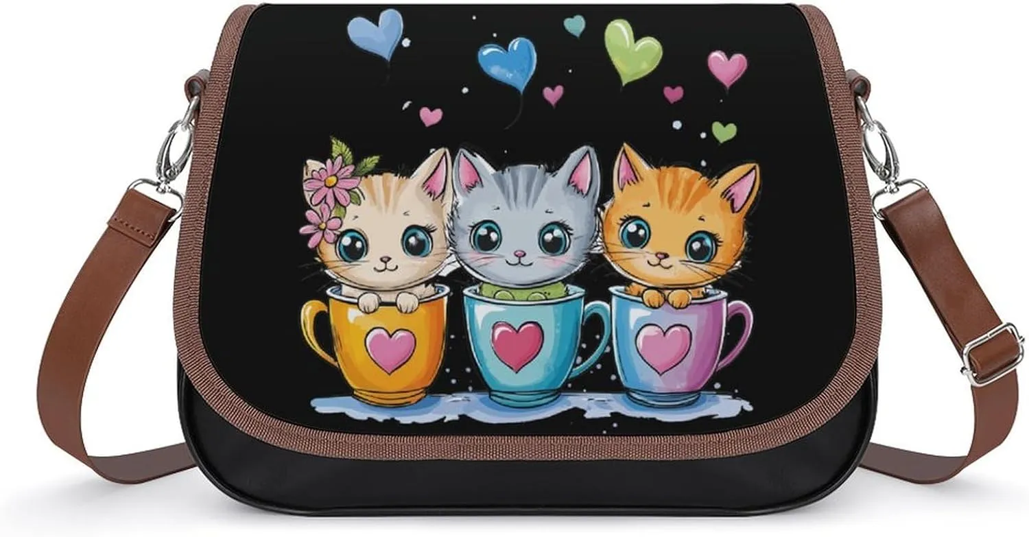 Teacup Cat Crossbody Bags PU Leather Purses Shoulder Handbag with Adjustable Shoulder Strap