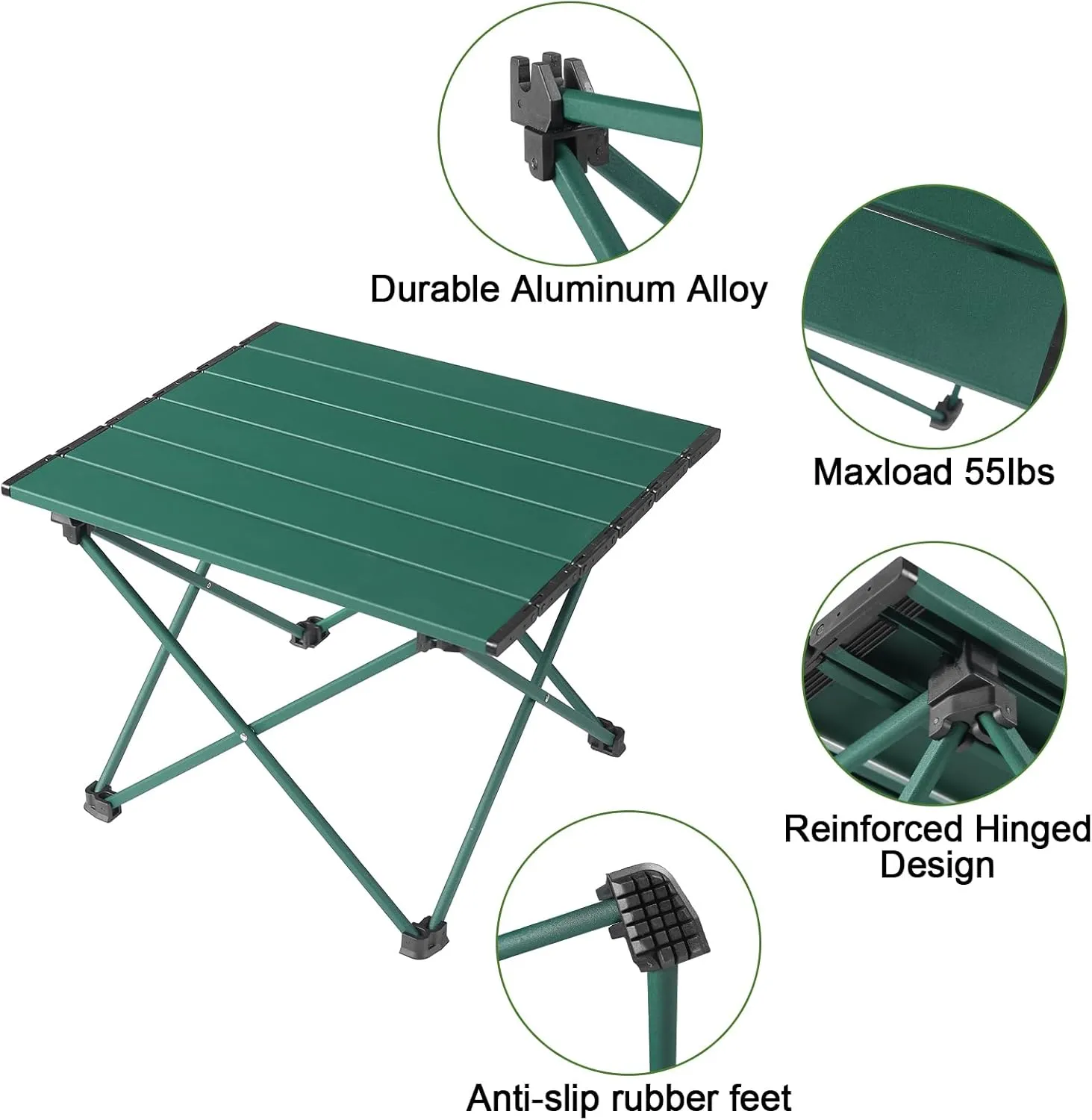 Tesouro Portable Camping Table,Folding Side Table Aluminum Top for Outdoor Cooking, Hiking, Travel, Picnic (Blackish Green, Medium)