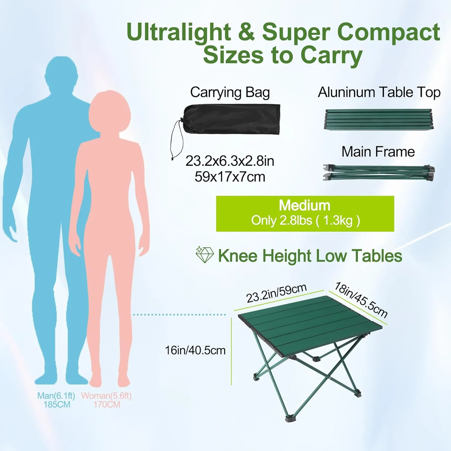 Tesouro Portable Camping Table,Folding Side Table Aluminum Top for Outdoor Cooking, Hiking, Travel, Picnic (Blackish Green, Medium)