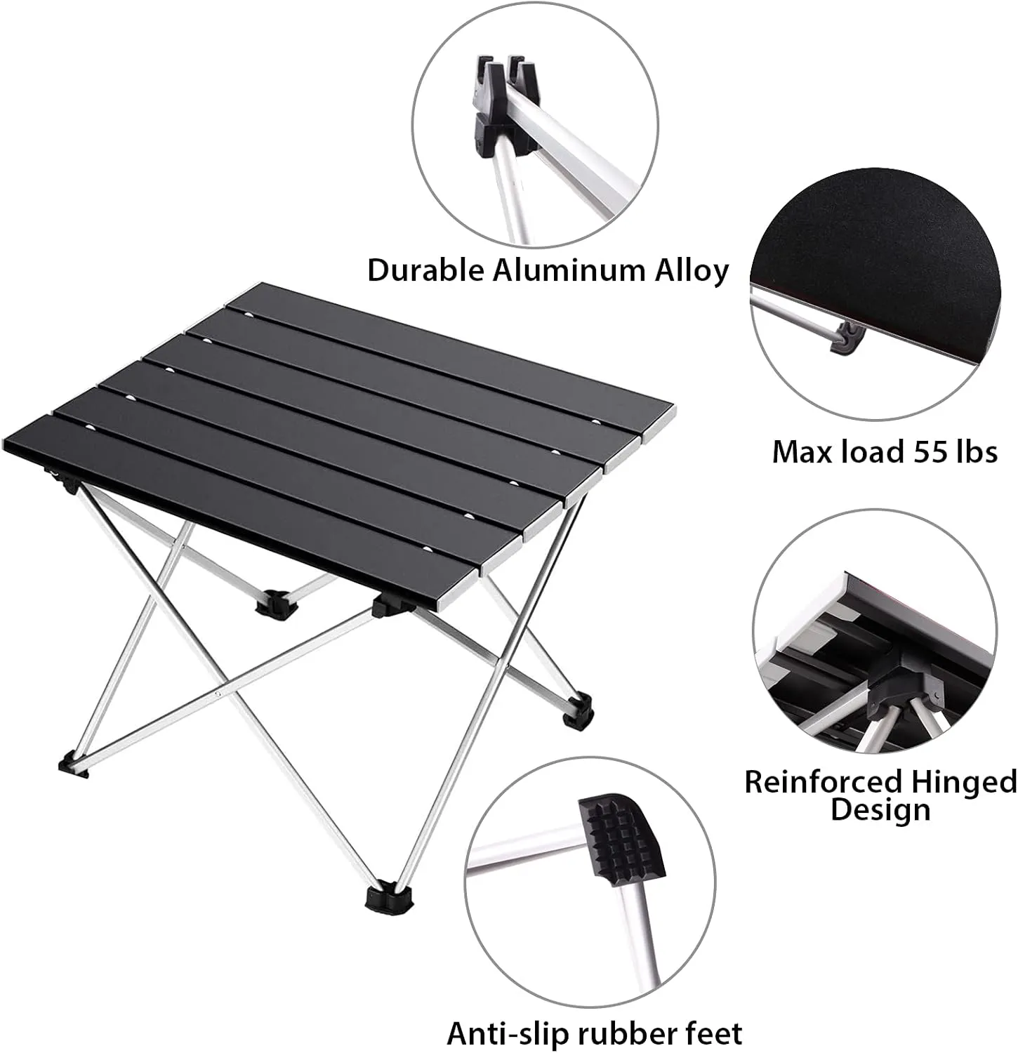 Tesouro Portable Camping Table,Folding Side Table Aluminum Top for Outdoor Cooking, Hiking, Travel, Picnic (Medium, Black)