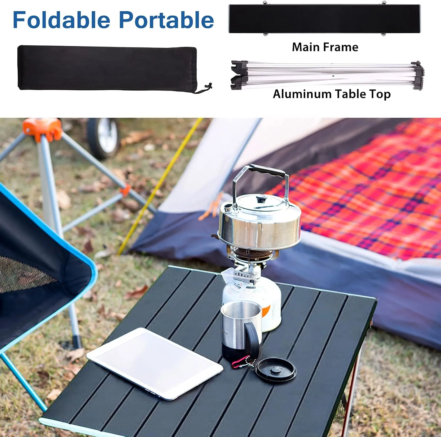 Tesouro Portable Camping Table,Folding Side Table Aluminum Top for Outdoor Cooking, Hiking, Travel, Picnic (Medium, Black)