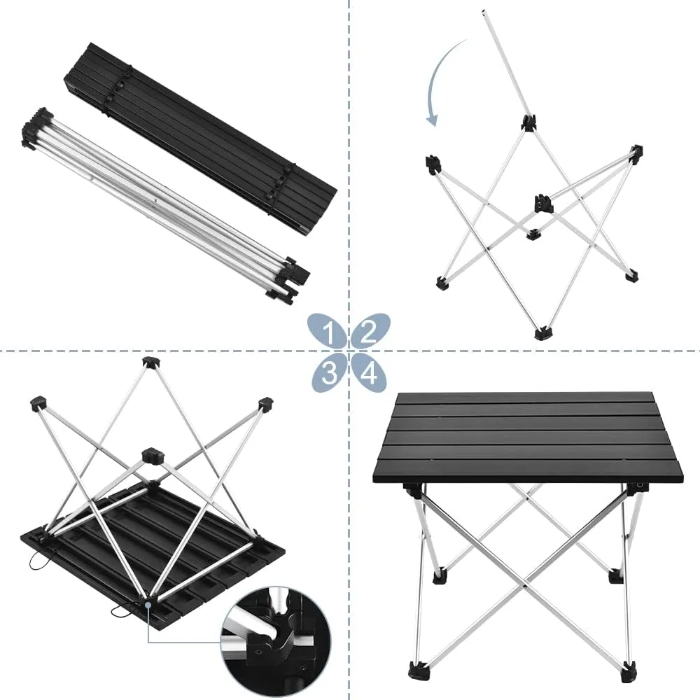 Tesouro Portable Camping Table,Folding Side Table Aluminum Top for Outdoor Cooking, Hiking, Travel, Picnic (Medium, Black)