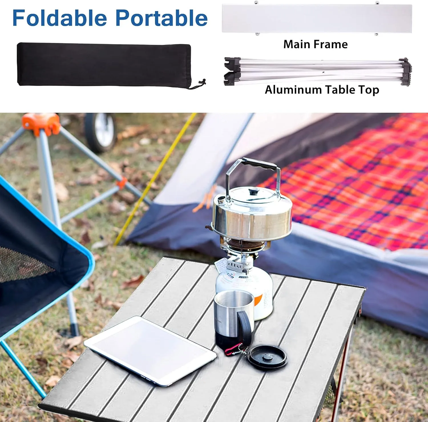 Tesouro Portable Camping Table,Folding Side Table Aluminum Top for Outdoor Cooking, Hiking, Travel, Picnic (Medium, Sliver)