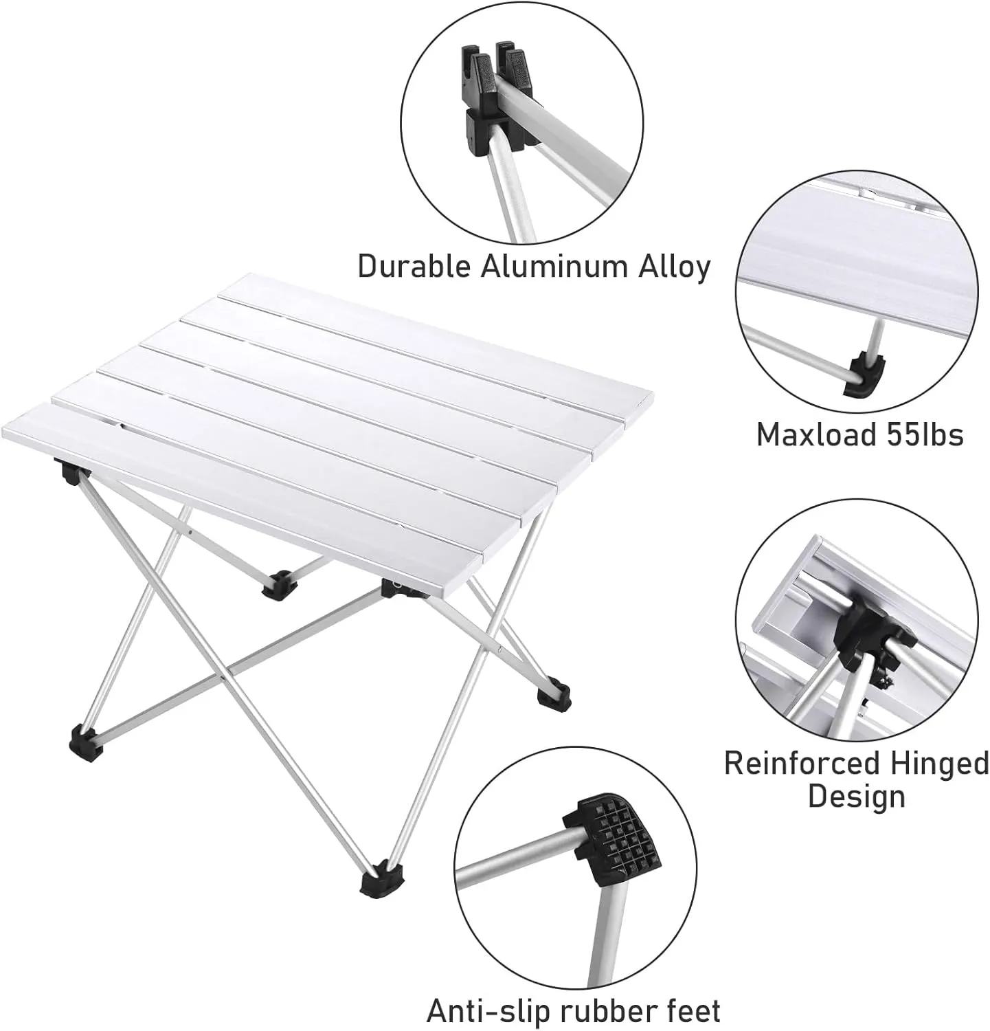 Tesouro Portable Camping Table,Folding Side Table Aluminum Top for Outdoor Cooking, Hiking, Travel, Picnic (Medium, Sliver)