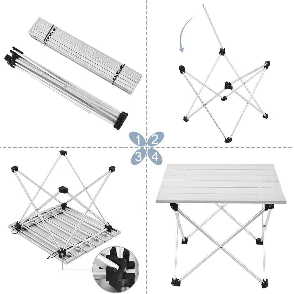 Tesouro Portable Camping Table,Folding Side Table Aluminum Top for Outdoor Cooking, Hiking, Travel, Picnic (Medium, Sliver)
