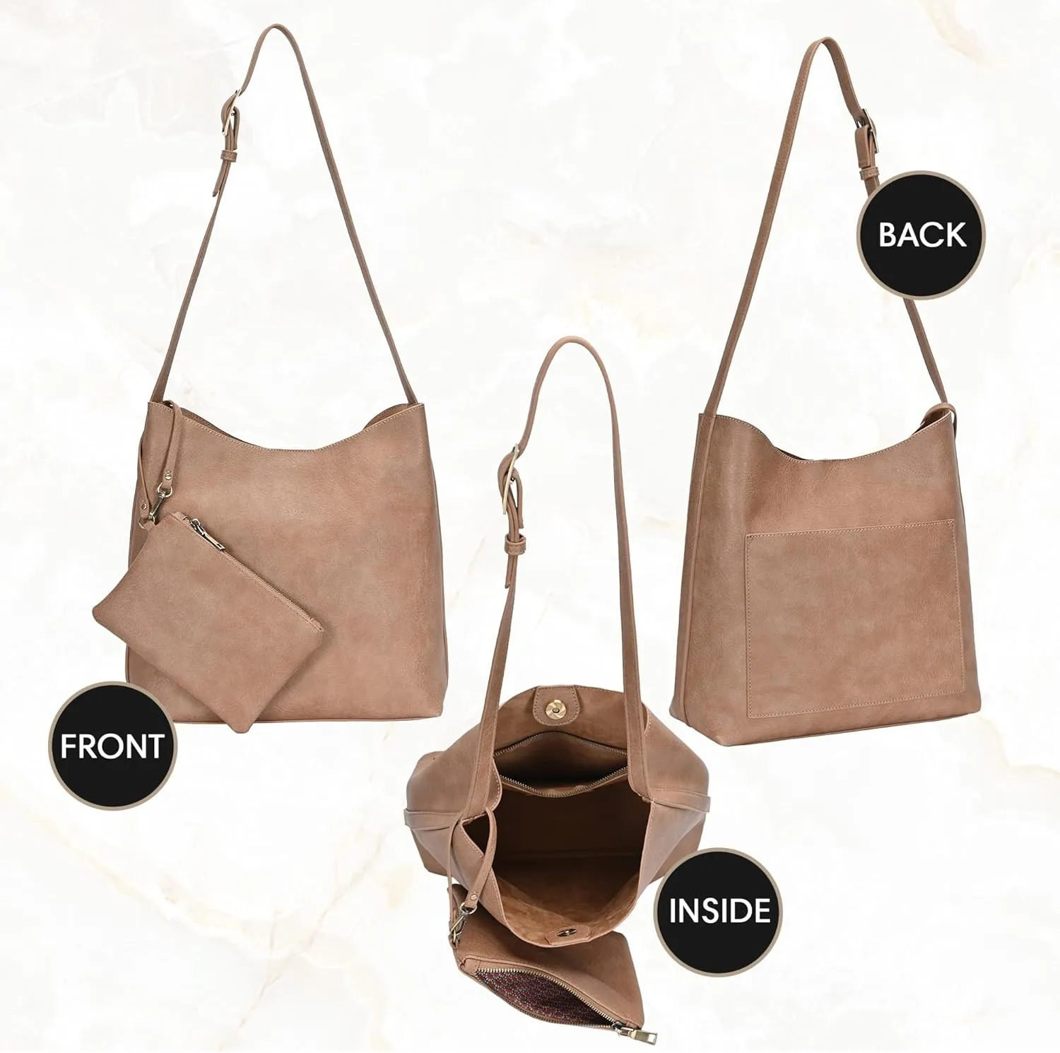 The Ophelia Hobo Shoulder Bag Purse for Women with Detachable Wristlet, Soft Distressed Vegan Leather