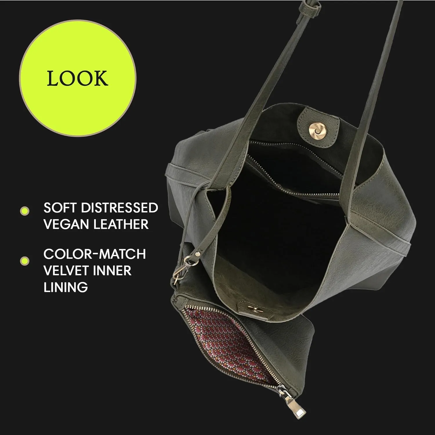 The Ophelia Hobo Shoulder Bag Purse for Women with Detachable Wristlet, Soft Distressed Vegan Leather