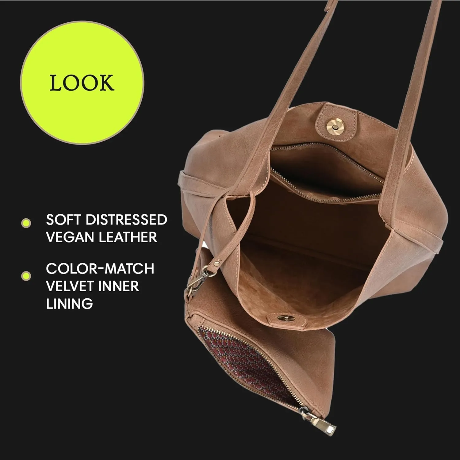The Ophelia Hobo Shoulder Bag Purse for Women with Detachable Wristlet, Soft Distressed Vegan Leather