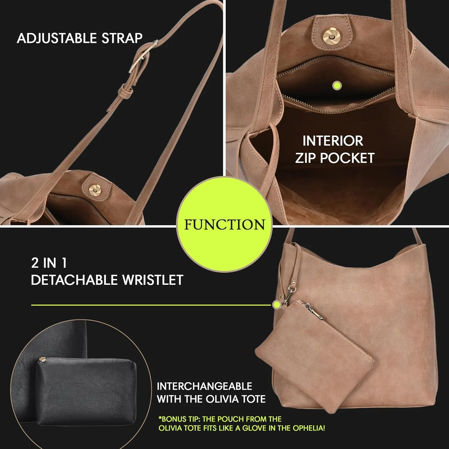 The Ophelia Hobo Shoulder Bag Purse for Women with Detachable Wristlet, Soft Distressed Vegan Leather