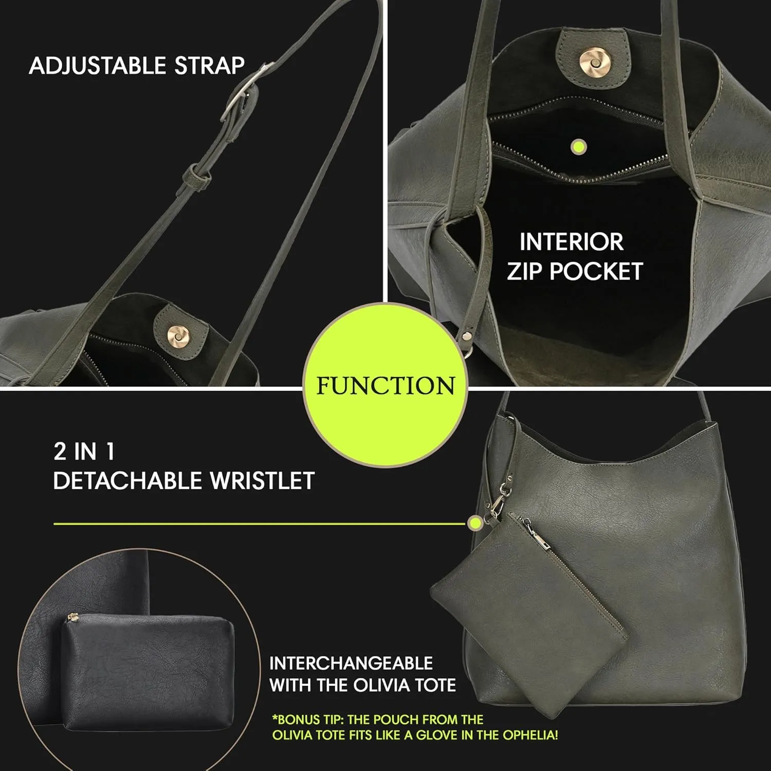 The Ophelia Hobo Shoulder Bag Purse for Women with Detachable Wristlet, Soft Distressed Vegan Leather