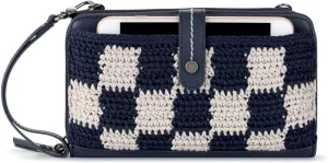 The Sak Iris Large Smartphone Crossbody Bag in Crochet and Faux Leather, Convertible Wristlet Purse Design, Denim Check