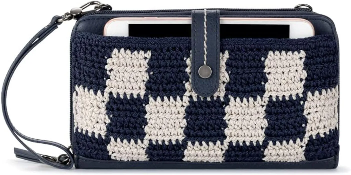 The Sak Iris Large Smartphone Crossbody Bag in Crochet and Faux Leather, Convertible Wristlet Purse Design, Denim Check