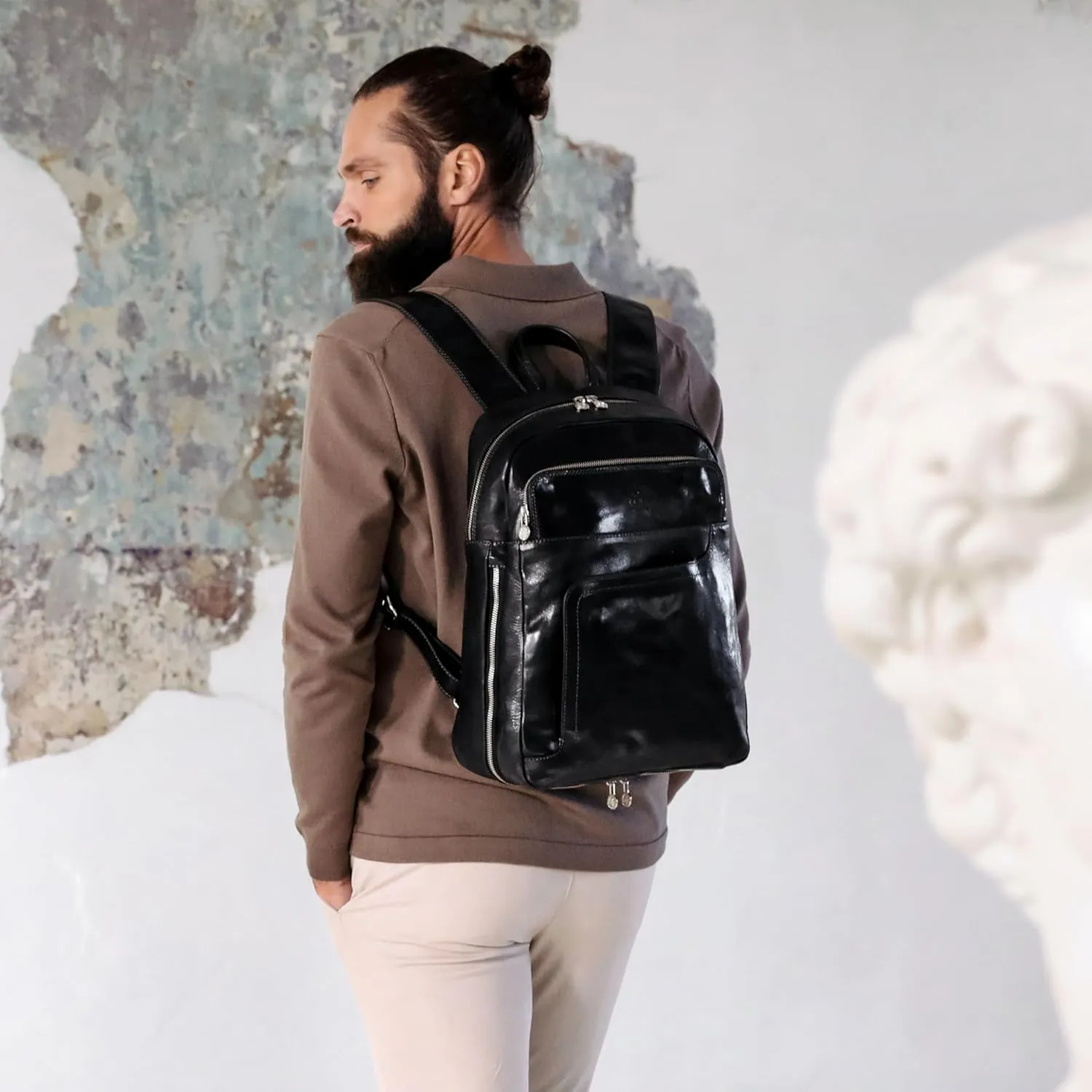 Time Resistance Leather Business Backpack - Laptop and A4 Portfolio Bag - Travel Bag Rucksack (Black)