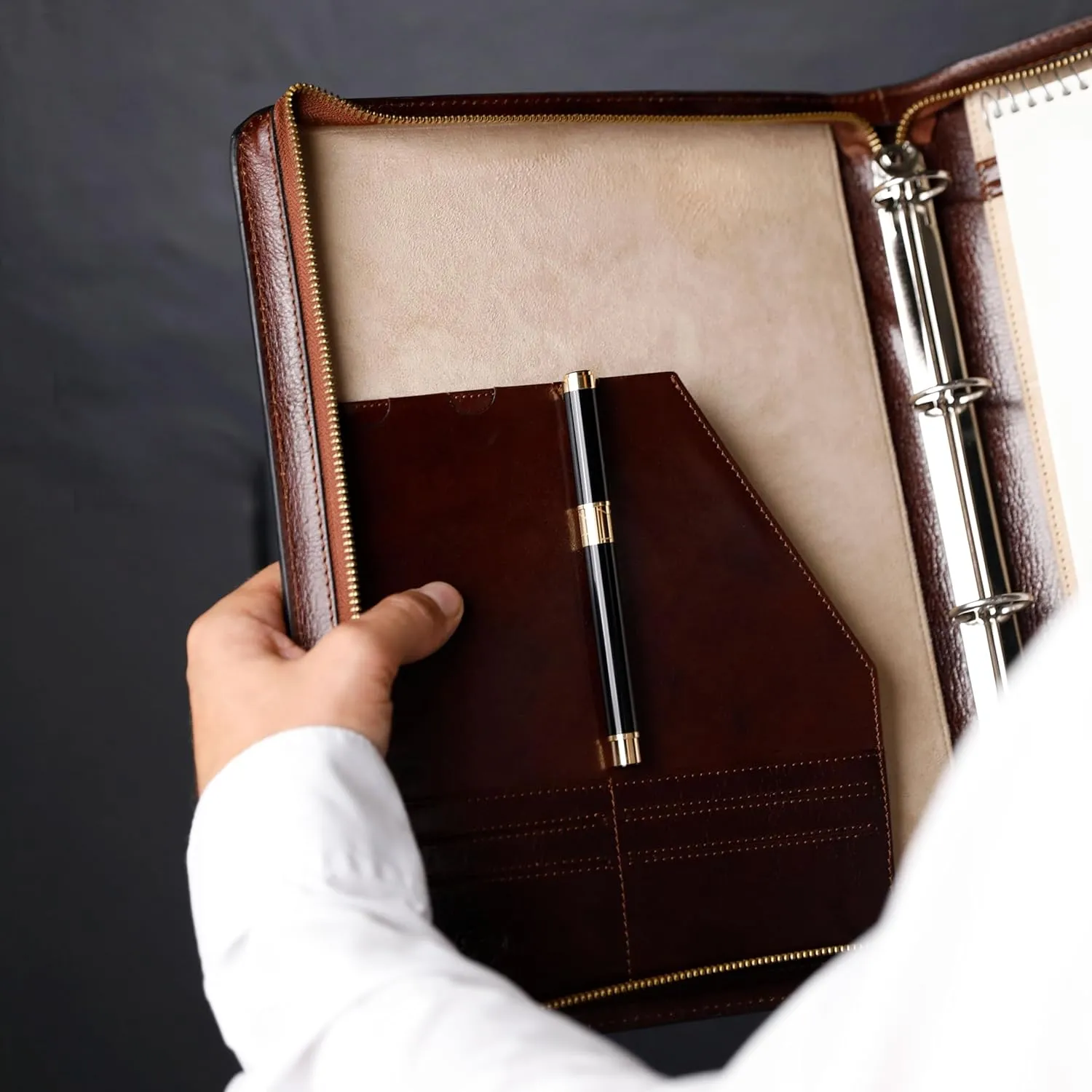 Time Resistance Leather Portfolio – Document Bag with Carry Handle – Tablet Size Case Made in Italy