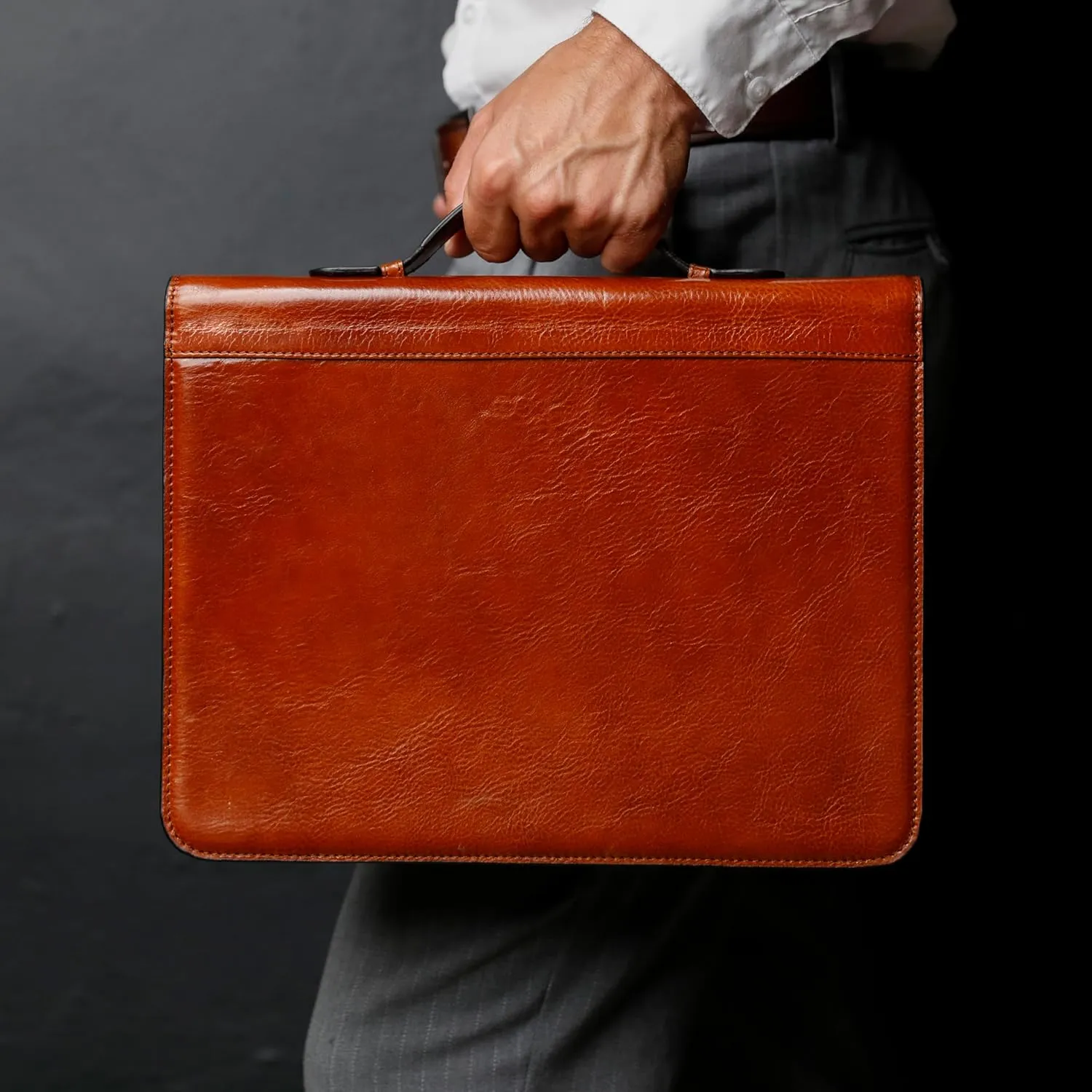 Time Resistance Leather Portfolio – Document Bag with Carry Handle – Tablet Size Case Made in Italy