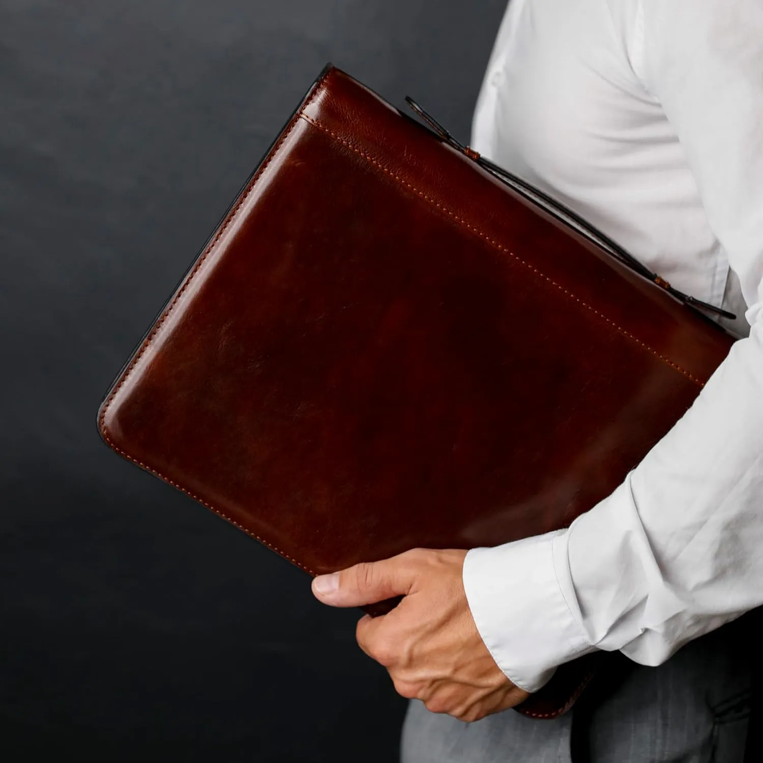Time Resistance Leather Portfolio – Document Bag with Carry Handle – Tablet Size Case Made in Italy