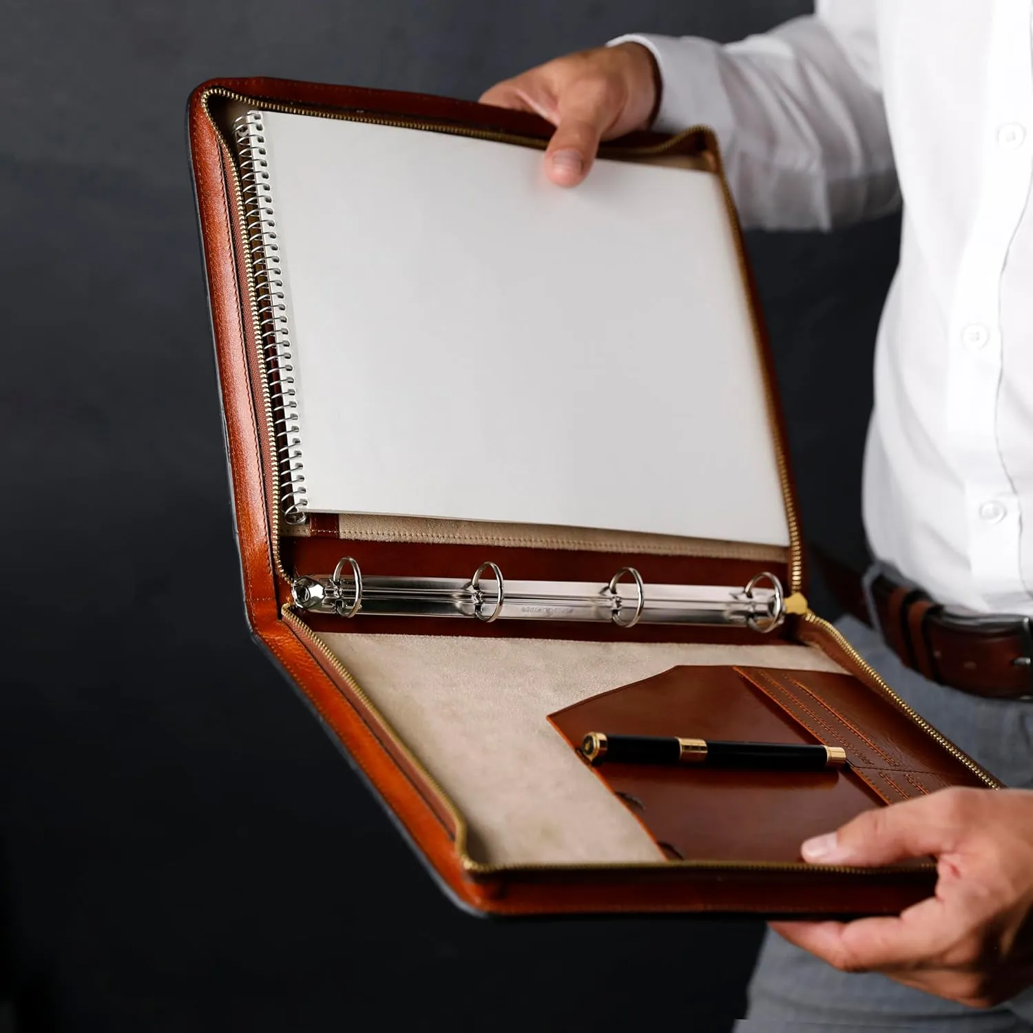 Time Resistance Leather Portfolio – Document Bag with Carry Handle – Tablet Size Case Made in Italy