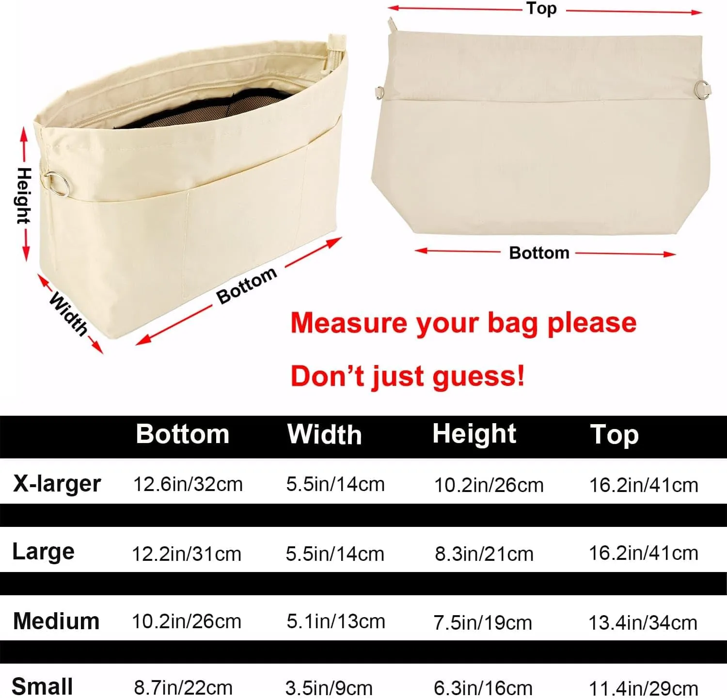 Time Wing Handbag Tote Purse Organizer Insert Bag Liner Shaper Divider Zipper 11 Pockets Compartments Medium Beige
