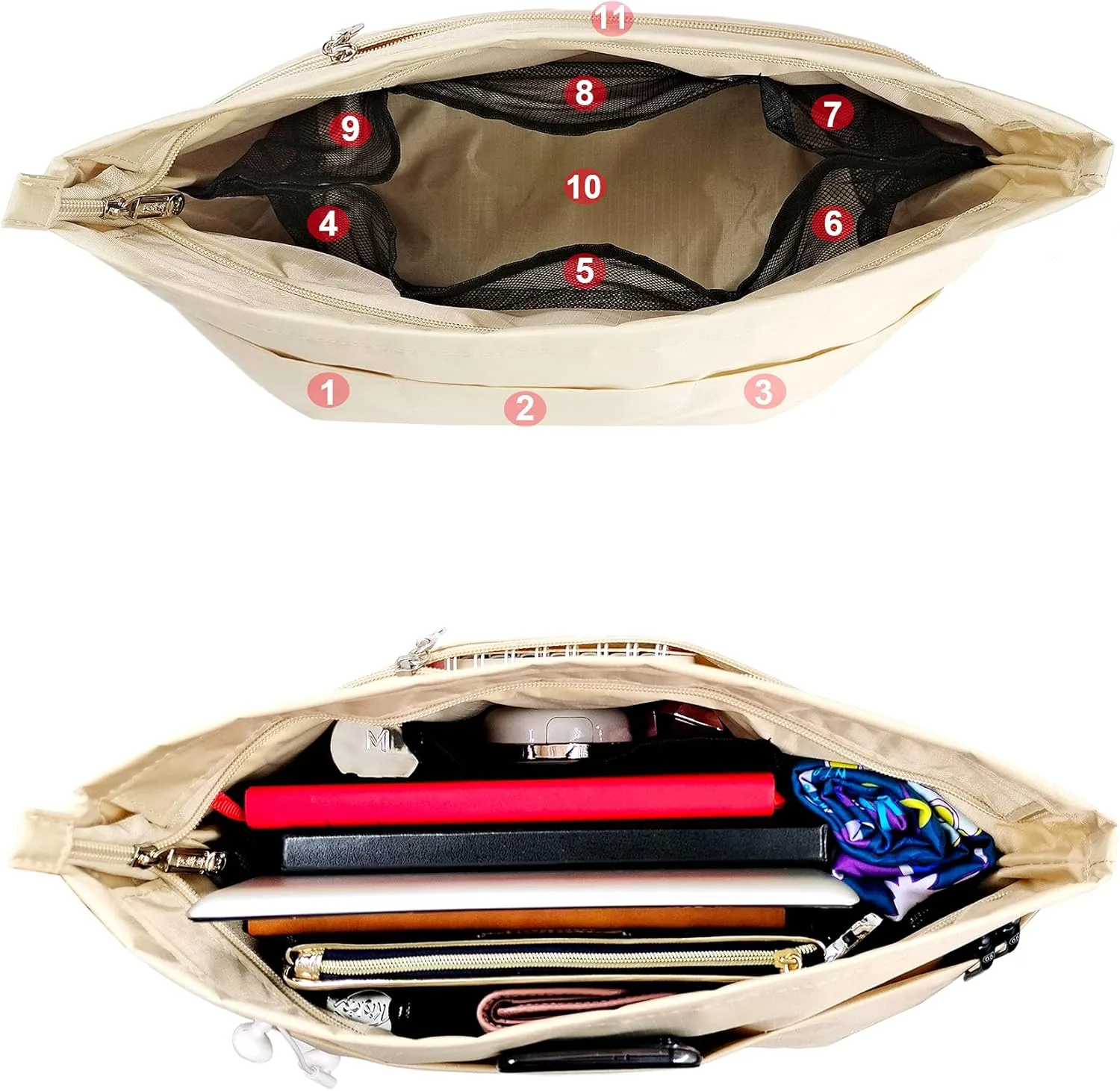 Time Wing Handbag Tote Purse Organizer Insert Bag Liner Shaper Divider Zipper 11 Pockets Compartments Medium Beige