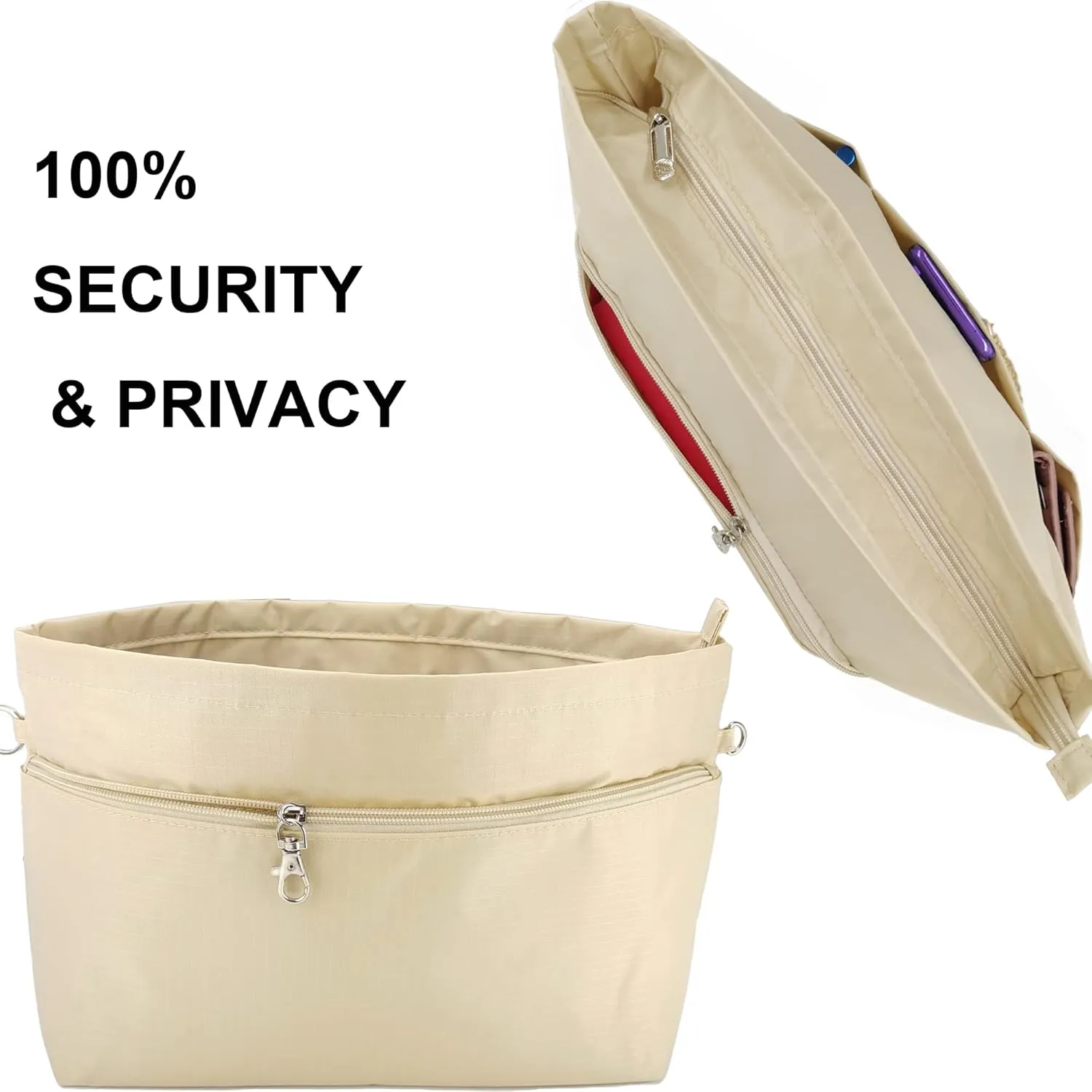Time Wing Handbag Tote Purse Organizer Insert Bag Liner Shaper Divider Zipper 11 Pockets Compartments Medium Beige