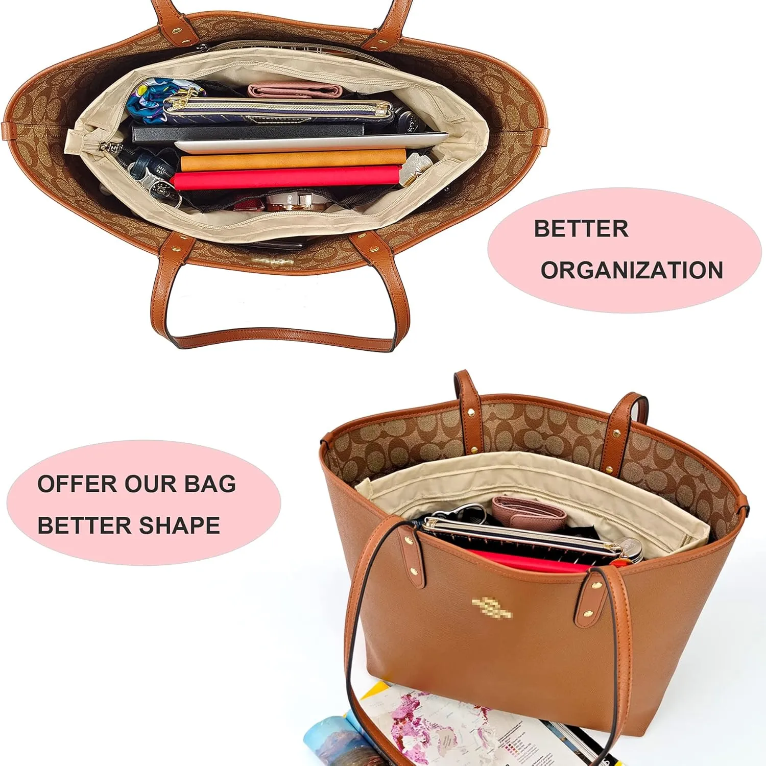 Time Wing Handbag Tote Purse Organizer Insert Bag Liner Shaper Divider Zipper 11 Pockets Compartments Medium Beige