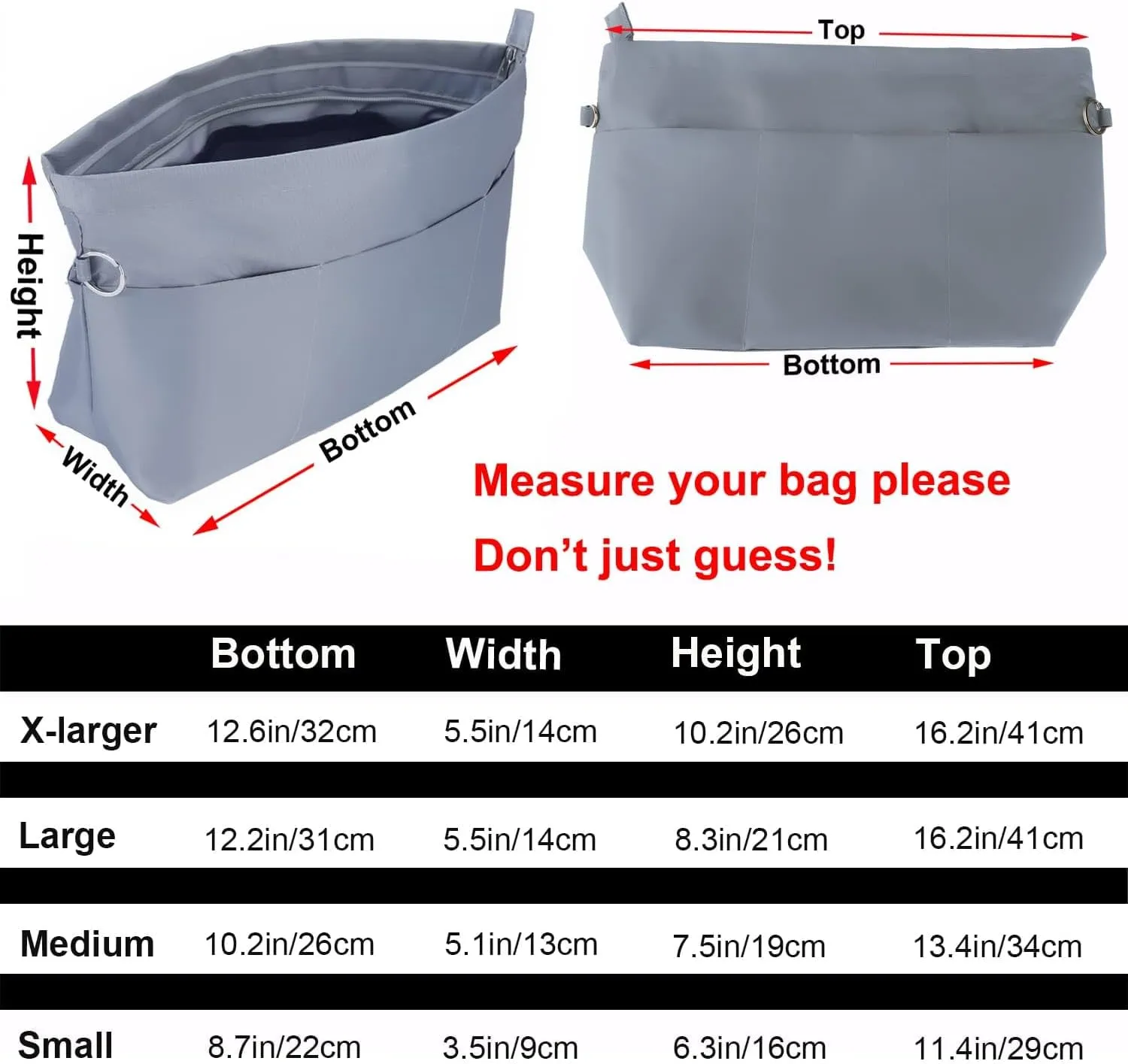 Time Wing Handbag Tote Purse Organizer Insert Bag Liner Shaper Divider Zipper 11 Pockets Compartments Medium Grey