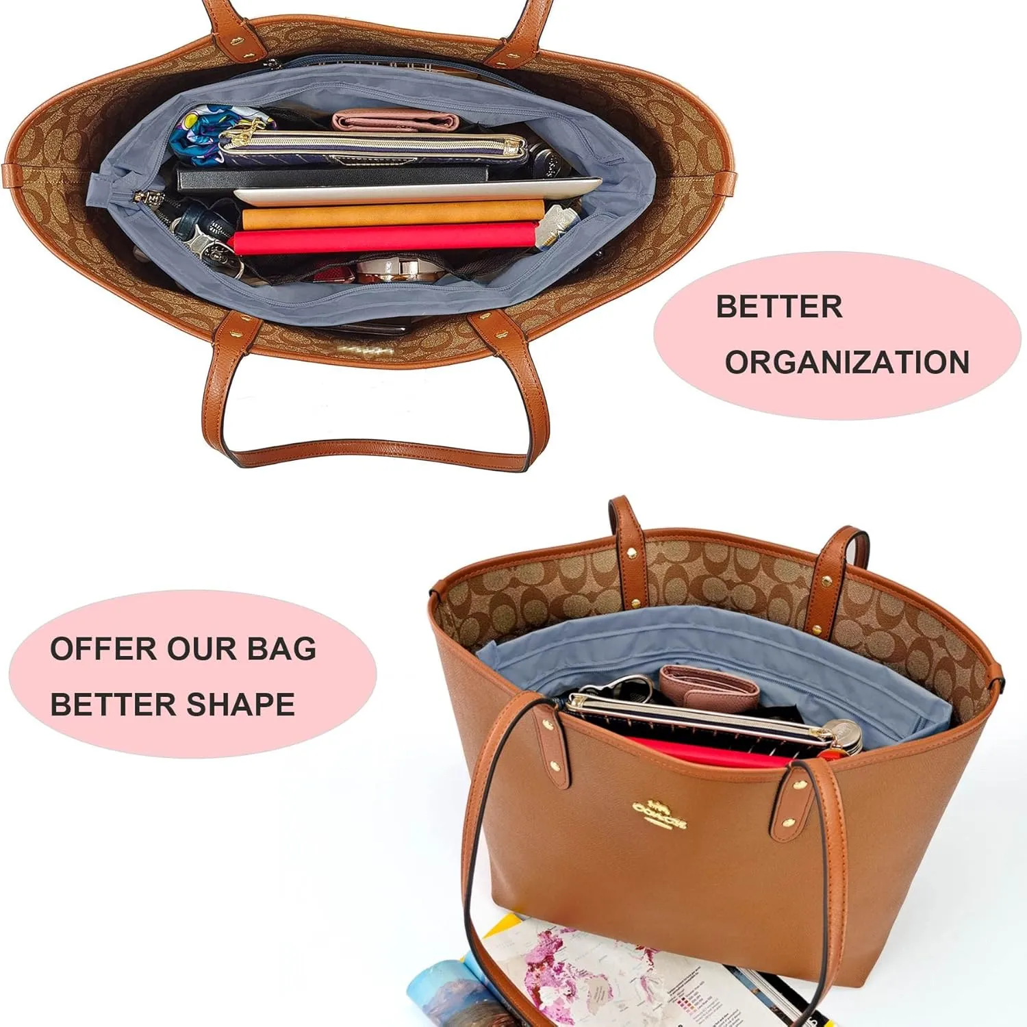 Time Wing Handbag Tote Purse Organizer Insert Bag Liner Shaper Divider Zipper 11 Pockets Compartments Medium Grey
