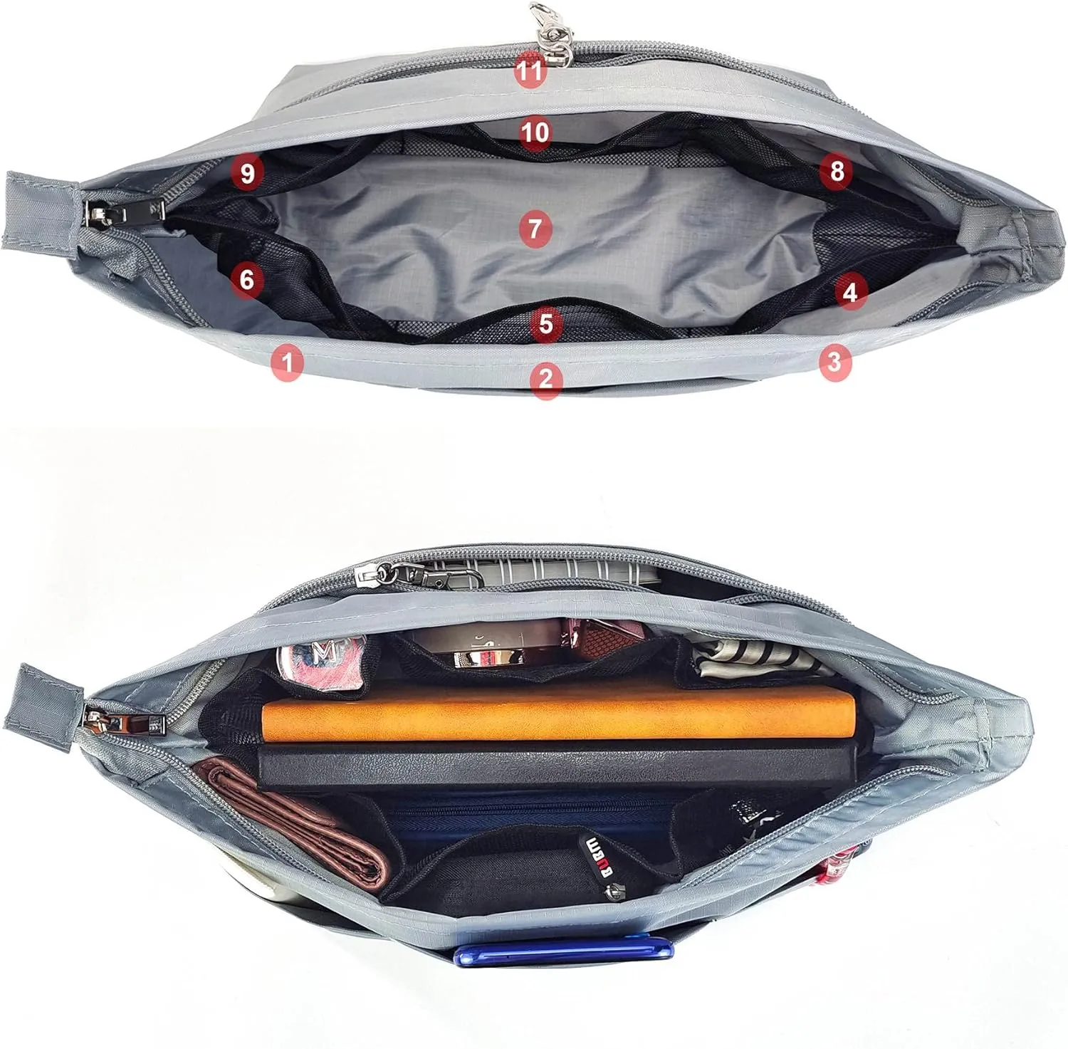 Time Wing Handbag Tote Purse Organizer Insert Bag Liner Shaper Divider Zipper 11 Pockets Compartments Medium Grey