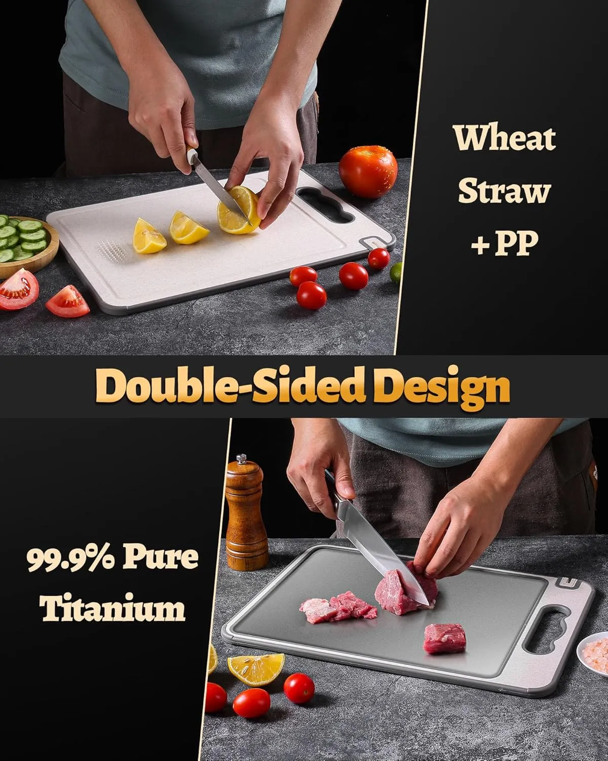 Titanium Cutting Board Double Sided for Kitchen,Knife Sharpener & Garlic Grater Wheat Straw   PP with Juice Groove Large Chopping Board（15×10In） Kitchen Necessities for Home