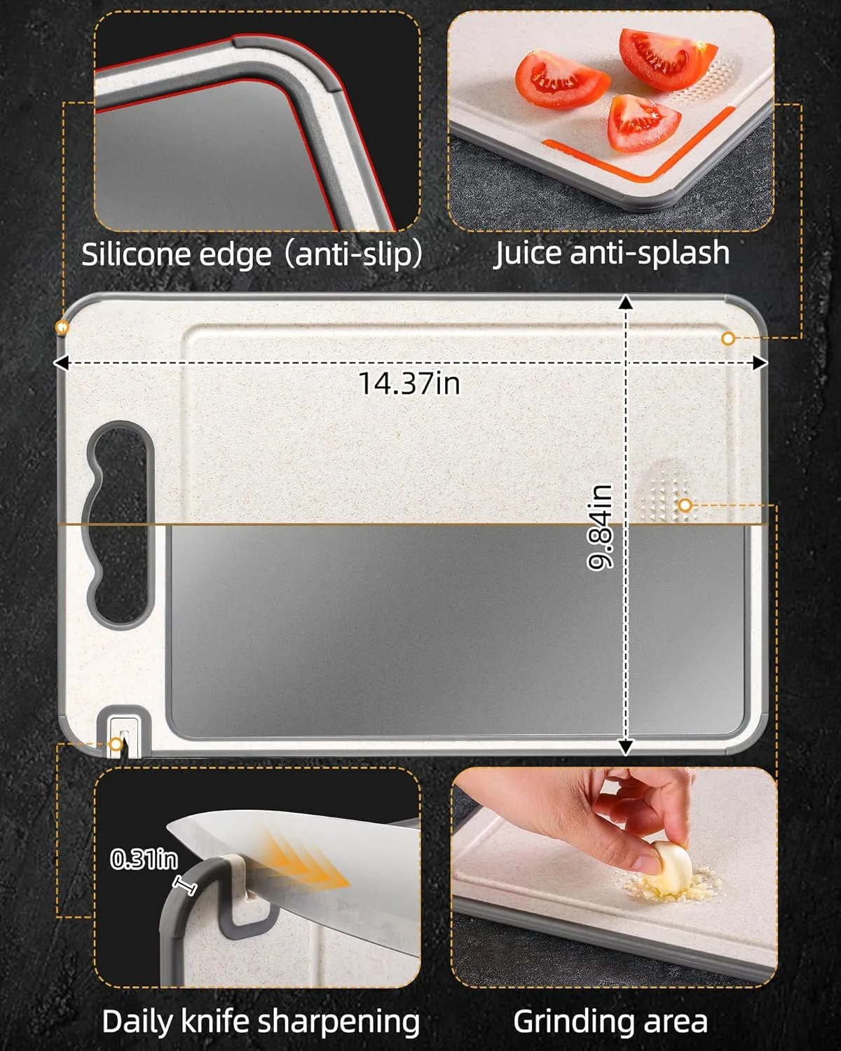 Titanium Cutting Board Double Sided for Kitchen,Knife Sharpener & Garlic Grater Wheat Straw   PP with Juice Groove Large Chopping Board（15×10In） Kitchen Necessities for Home