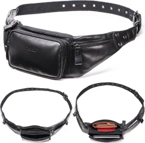 Top Grain Genuine Leather Slim Waist Pack for Man & Woman, Vintage Design & 4 Zipper Pockets & Adjustable Strap, Handmade, Large Capacity Fanny Pack Crossbody Belt Bag for Travel or Ride, Glossy Black