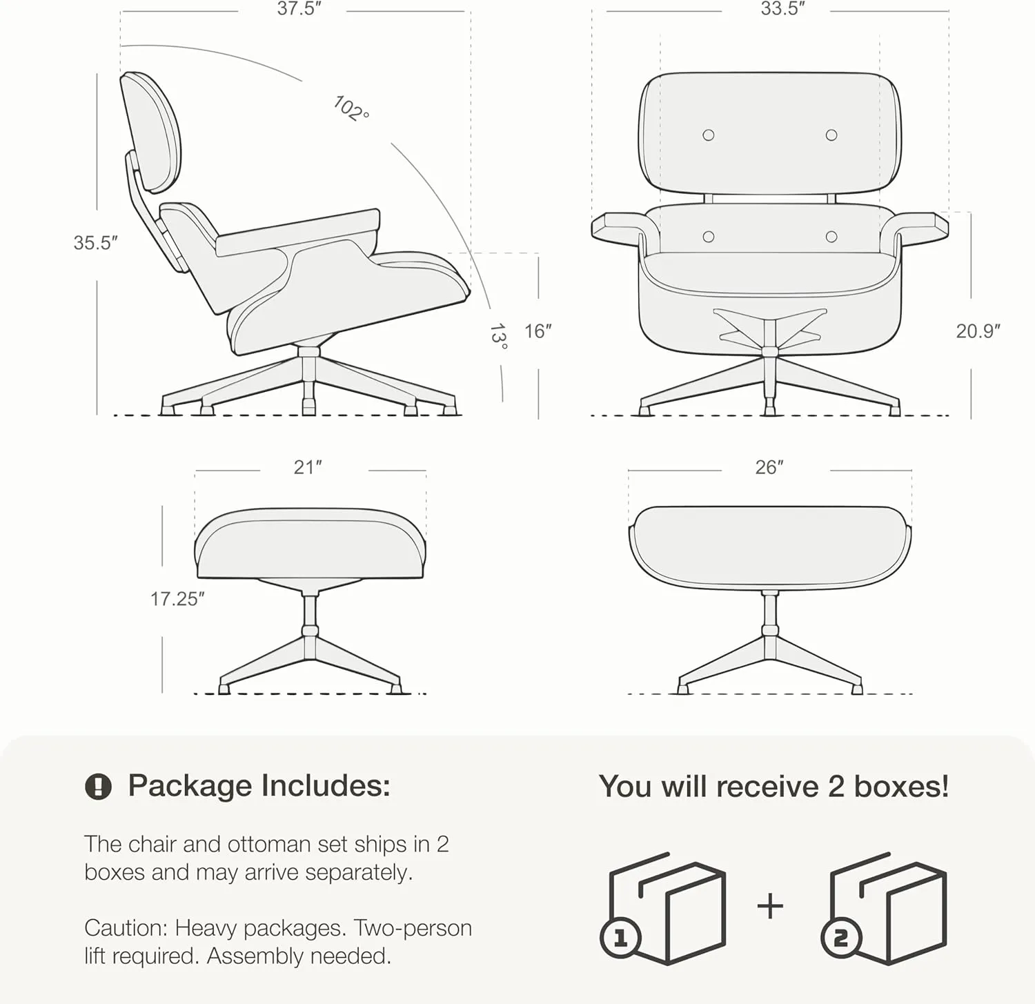 Top Grain Leather Chaise Lounge Chair and Ottoman Classic Accent Chairs 360° Swivel Heavy Duty Base Support Quality Wooden Shell Mid Century Lounge Chair for Living Room Office Reading Walnut