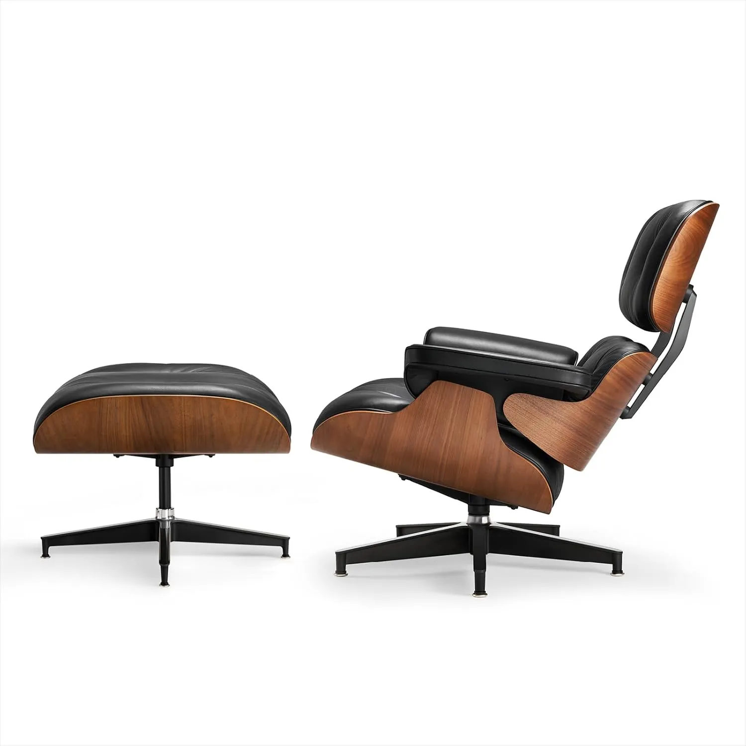Top Grain Leather Chaise Lounge Chair and Ottoman Classic Accent Chairs 360° Swivel Heavy Duty Base Support Quality Wooden Shell Mid Century Lounge Chair for Living Room Office Reading Walnut