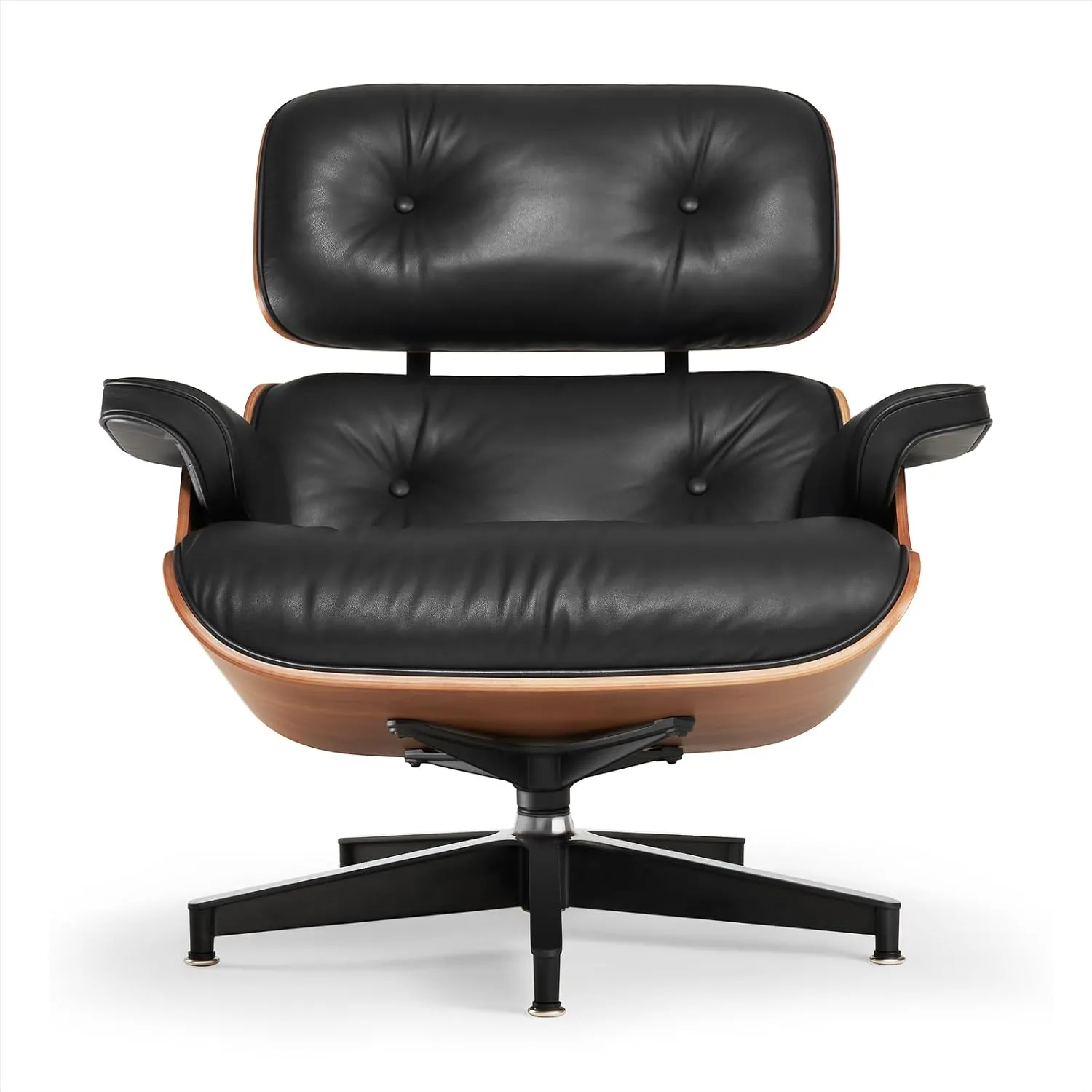 Top Grain Leather Chaise Lounge Chair and Ottoman Classic Accent Chairs 360° Swivel Heavy Duty Base Support Quality Wooden Shell Mid Century Lounge Chair for Living Room Office Reading Walnut