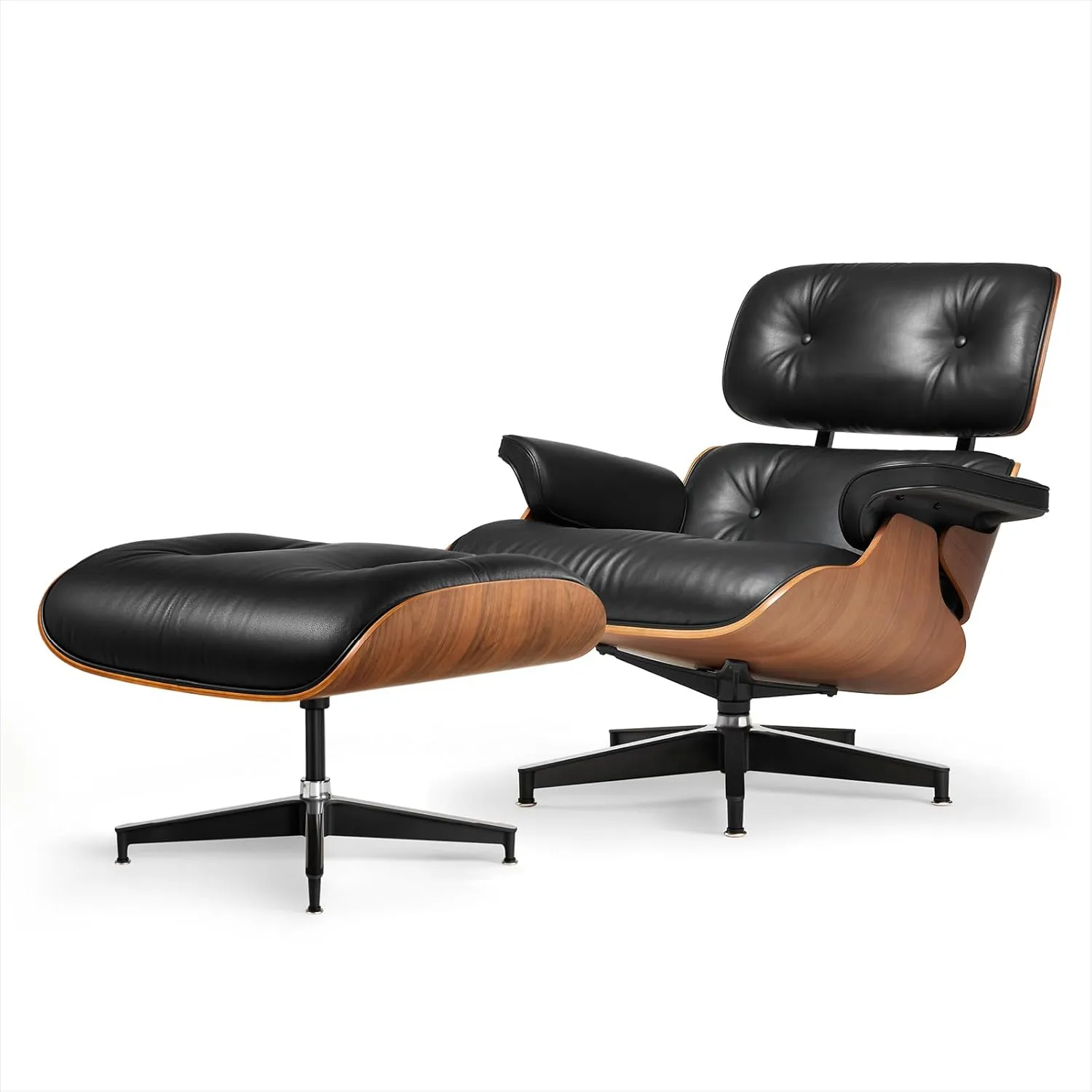 Top Grain Leather Chaise Lounge Chair and Ottoman Classic Accent Chairs 360° Swivel Heavy Duty Base Support Quality Wooden Shell Mid Century Lounge Chair for Living Room Office Reading Walnut