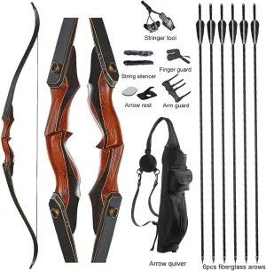 TOPARCHERY Archery 60" Takedown Hunting Recurve Bow and Arrow Set for Adults Practice Competition Longbow Kit 30-50lbs with 6pcs Arrows Right Hand Black