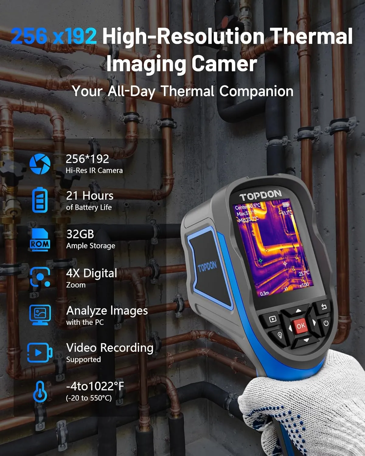 TOPDON Thermal Imaging Camera TC004 SE - 256x192 IR Resolution, 21Hrs Runtime & 32GB Storage with Video Recording, PC Analysis for Electrical/HVAC/Building Inspection