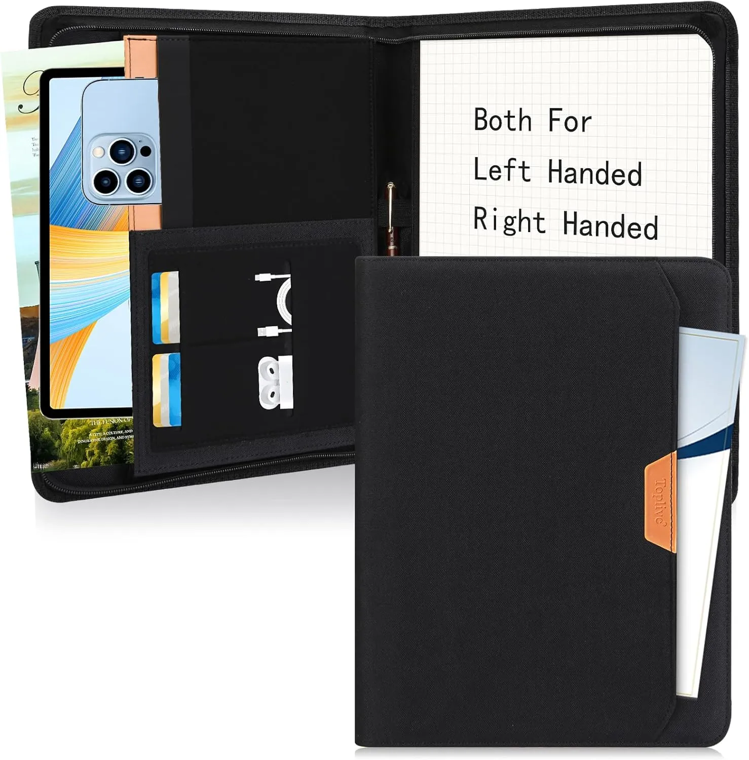 Toplive Portfolio Padfolio Organizer - Sustainable Portfolio Folder Padfolio for Men Women, Left-Hand Friendly Business Portfolio with Zipper Tablet Sleeve Interview Resume Folder, Black