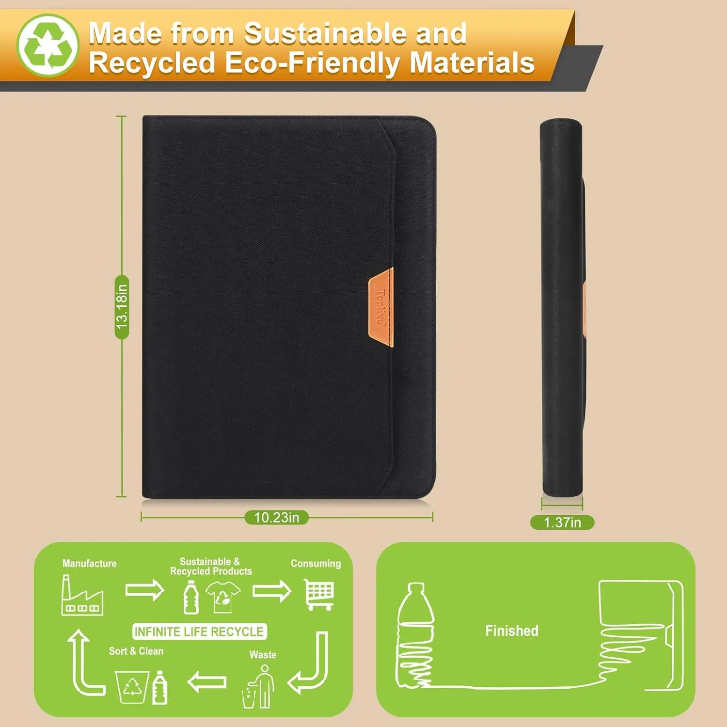 Toplive Portfolio Padfolio Organizer - Sustainable Portfolio Folder Padfolio for Men Women, Left-Hand Friendly Business Portfolio with Zipper Tablet Sleeve Interview Resume Folder, Black