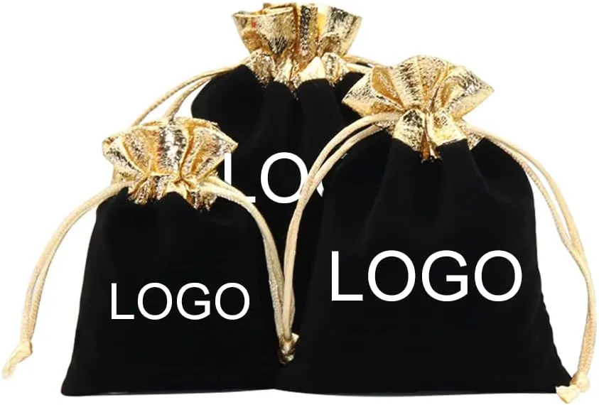 TopTie Custom 50 PCS Velvet Gift Pouches with Logo, Gold-Trimmed Jewelry Bag with Drawstrings for Party Favors, 4.7 x 6 Inches
