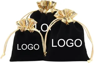 TopTie Custom 50 PCS Velvet Gift Pouches with Logo, Gold-Trimmed Jewelry Bag with Drawstrings for Party Favors, 4.7 x 6 Inches
