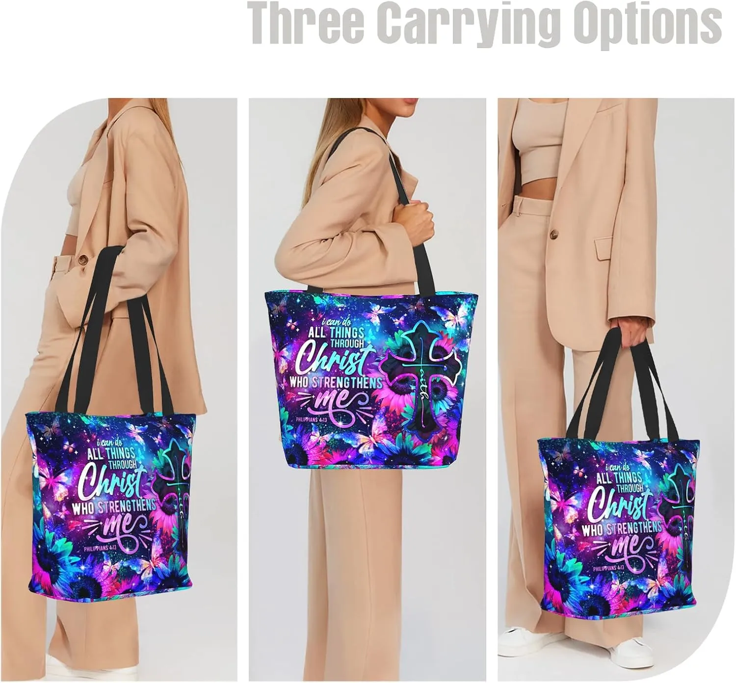 Tote Bag for Women Reusable Shopping Tote Bag Zippered Inspirational Scripture Shoulder Bags