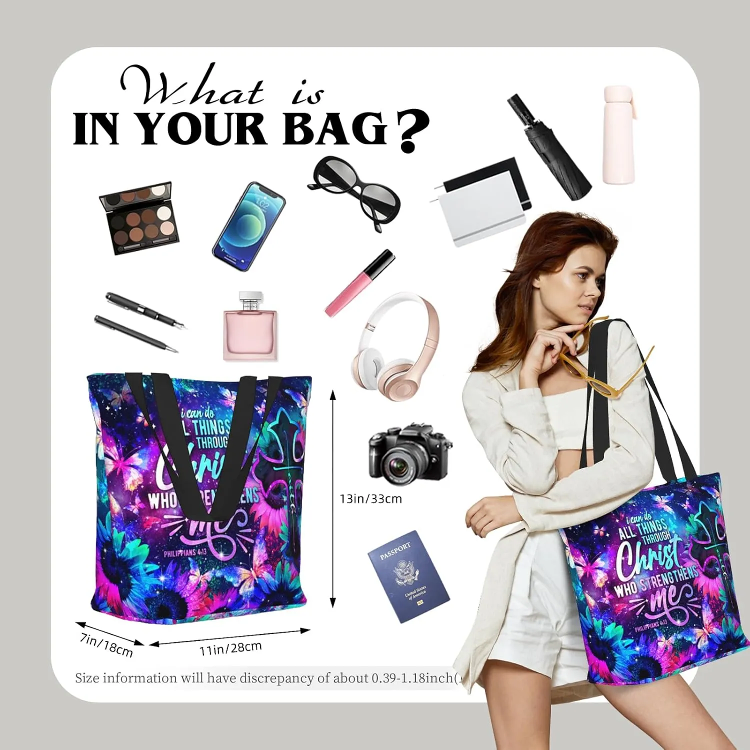 Tote Bag for Women Reusable Shopping Tote Bag Zippered Inspirational Scripture Shoulder Bags
